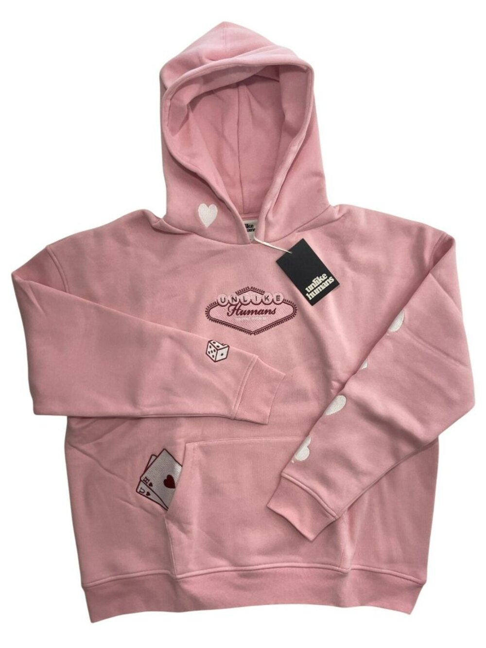 Unlike Humans Casino Pink Hooded Sweatshirt Aces Dice Graphics Unisex Size L NWT